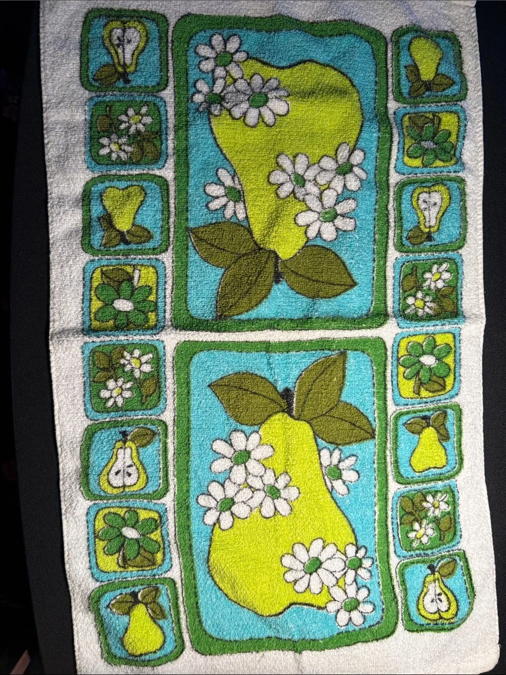 Vintage Bright Pear Floral Kitchen Towel - Aqua & Lime. LL